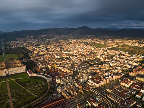 Famous Italy city Caserta from aerial view, UNESCO