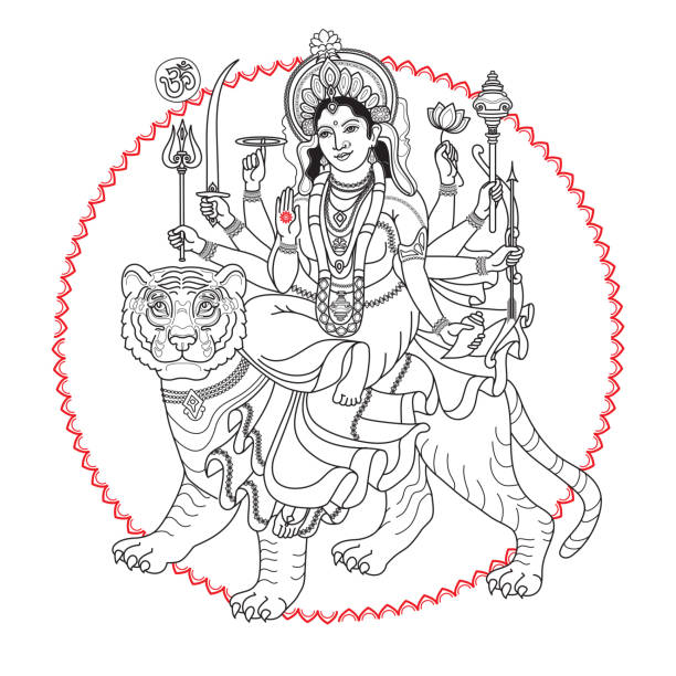 Hindy Goddess Durga sitting on the tiger. Hindu Goddess. Hand drawn Vector illustration. Goddess Durga sitting on tiger for Navratri Indian festival. Black line isolated on white. Linear vector illustration. Navaratri Greeting card, poster. durga stock illustrations