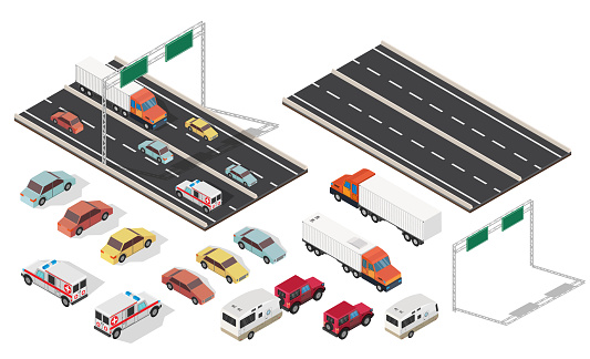 Isometric crossroads and city with highways traffic road set.