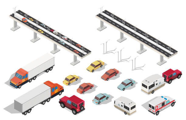 ilustrações, clipart, desenhos animados e ícones de cidade com estrada de tráfego de rodovias e ponte isométrica definem. - truck mode of transport land vehicle equipment