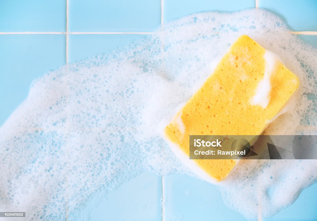 Sponge washing with foam Cleaning Sponge Stock Photo