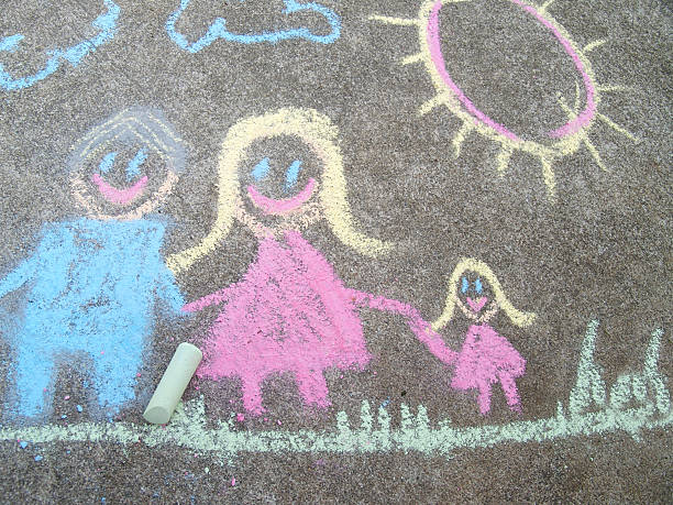 A drawing in chalk of a family of three. Father, Mother, and Daughter.