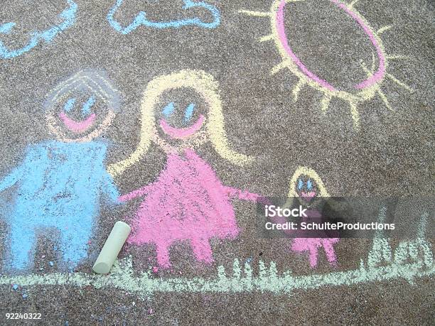 Family Of Three In Chalk Stock Photo - Download Image Now - Child, Concrete, Drawing - Activity