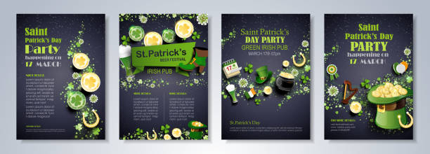 Saint Patrick's Day flyer Saint Patrick's Day party flyer, brochure, holiday invitation, corporate celebration. leprechaun hat, shamrock, pot with gold coins, horseshoe, green ale on black background. Vector illustration. gold clover stock illustrations