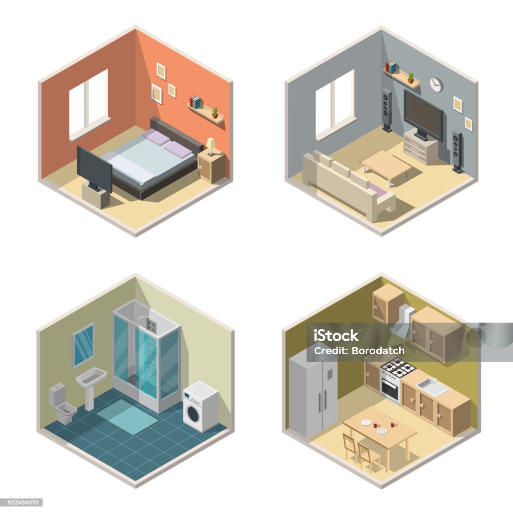 Isometric interior vector illustration modern set of bathroom, kitchen, living room, bedroom. Isometric Projection stock vector