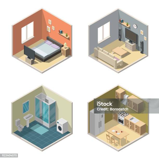 Isometric Interior Vector Illustration Modern Set Of Bathroom Kitchen Living Room Bedroom Stock Illustration - Download Image Now