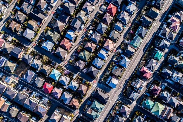 viewpoint of drone in residential area. - high angle view people people in a row directly above imagens e fotografias de stock