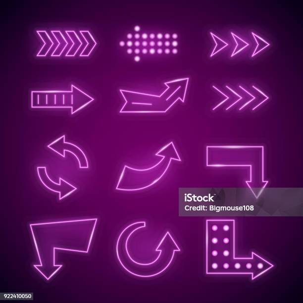 Realistic Detailed 3d Neon Arrow Set Vector Stock Illustration - Download Image Now - Neon Lighting, Arrow Symbol, Sign