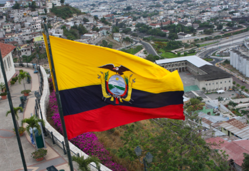 Small paper flag of Ecuador pinned. Isolated on white background. Horizontal orientation. Close up photography. Copy space.