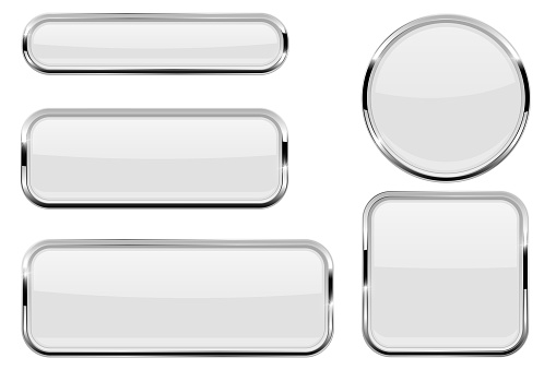 White glass buttons with chrome frame. Vector 3d illustration isolated on white background