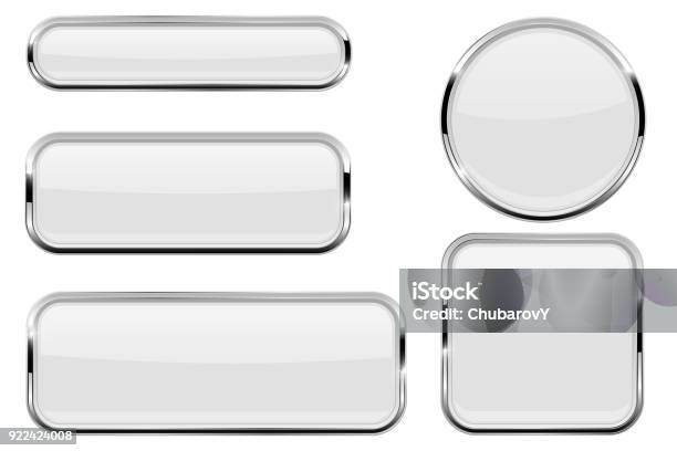 White Glass Buttons With Chrome Frame Stock Illustration - Download Image Now - Push Button, Border - Frame, Three Dimensional