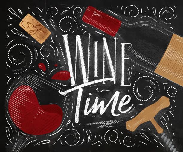 와인 포스터 시간 블랙 - cork wine corkscrew old stock illustrations