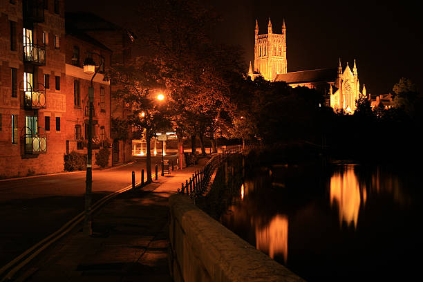 istock Night-time shot of Worcester Cathedral from South Quay 92242979