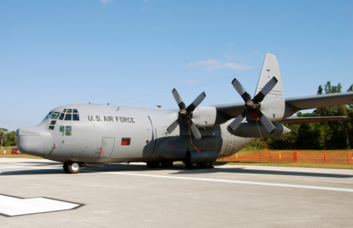 US Air Force (Missouri Air Guard) Lockheed C-130 Hercules aircraft taking off from Lviv, Ukraine