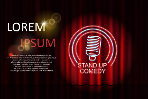 istock Stand up comedy with neon microphone sign and red curtain backdrop. Comedy night stand up show or karaoke party. Vector illustration 922441142