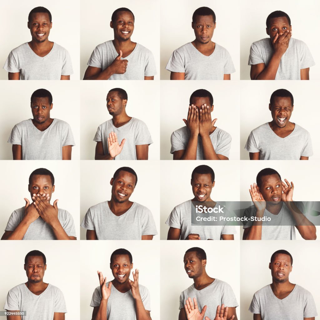 Set of black man's portraits with different emotions Young african-american man emotional faces, expressions set: happy, thoughtful, frightened, angry, pensive, disappointed man over white studio background Facial Expression Stock Photo