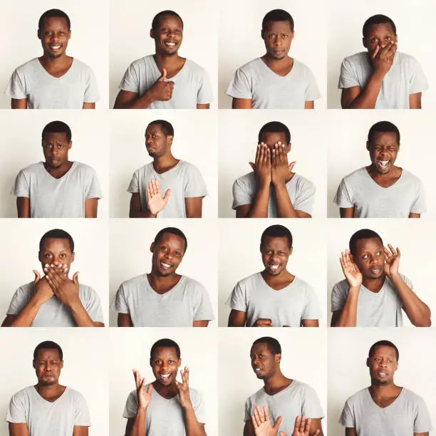 Photo of Set of black man's portraits with different emotions