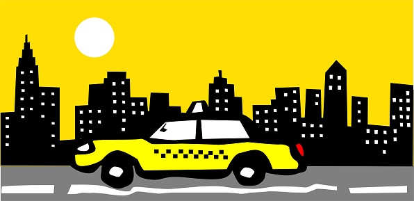 Yellow taxi in the city. Vector illustration