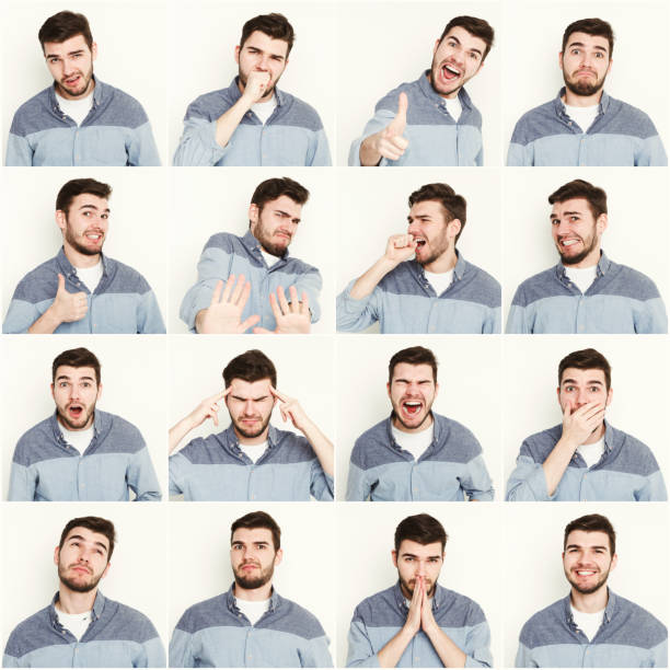 istock Set of young man different emotions at white studio background 922447914