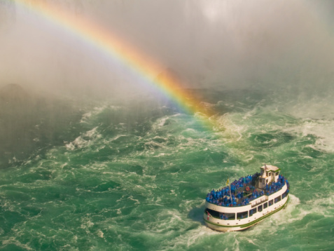 Canada side of Niagara falls with a tourist boat .Image made in summer season.