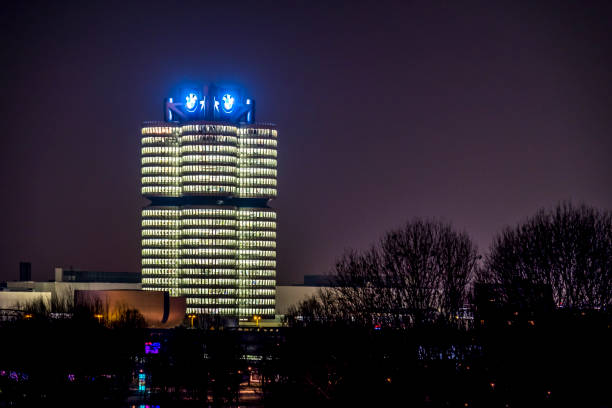 Munich, Germany - November 3, 2016: BMW headquarters in Munich with big BMW logo on top of the office building. 
