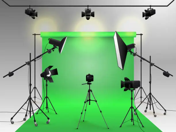 Vector illustration of Photography studio vector. Photo studio green blank background with soft box light, camera, tripod and backdrop. Vector illustration. Isolated on white background