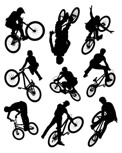 bicicleta acrobática siluetas - bmx cycling sport teenagers only teenager fotografías e imágenes de stock