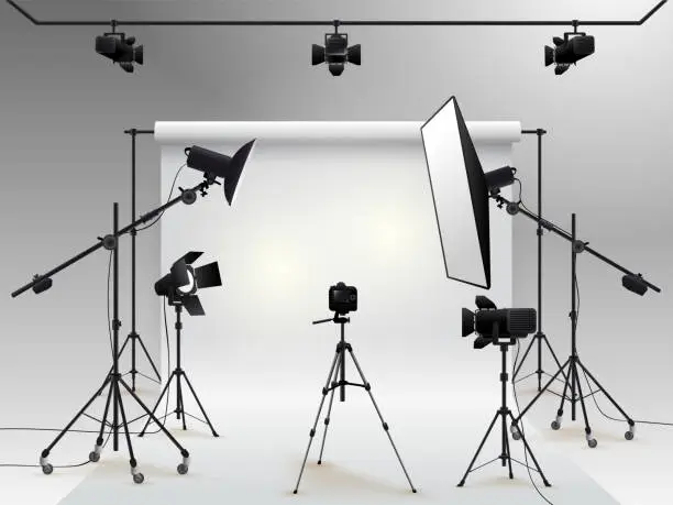 Vector illustration of Photography studio vector. Photo studio white blank background with soft box light, camera, tripod and backdrop. Vector illustration. Isolated on white background
