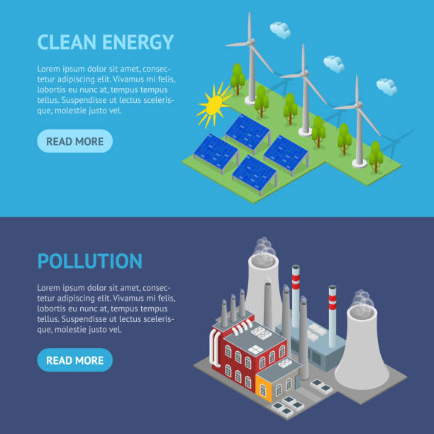 ilustrações de stock, clip art, desenhos animados e ícones de renewable resources and traditional energy power station banner horizontal set isometric view. vector - isometric natural gas power station nuclear reactor