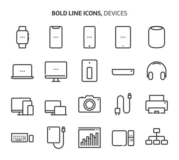 illustrations, cliparts, dessins animés et icônes de dispositifs, icônes de la ligne en gras - accessoire