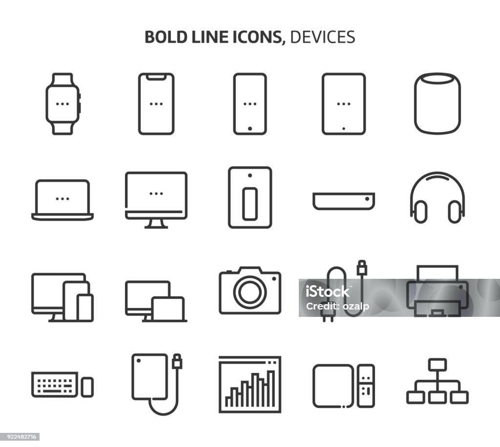 Devices, bold line icons Devices, bold line icons. The illustrations are a vector, editable stroke, 48x48 pixel perfect files. Crafted with precision and eye for quality. Personal Accessory stock vector