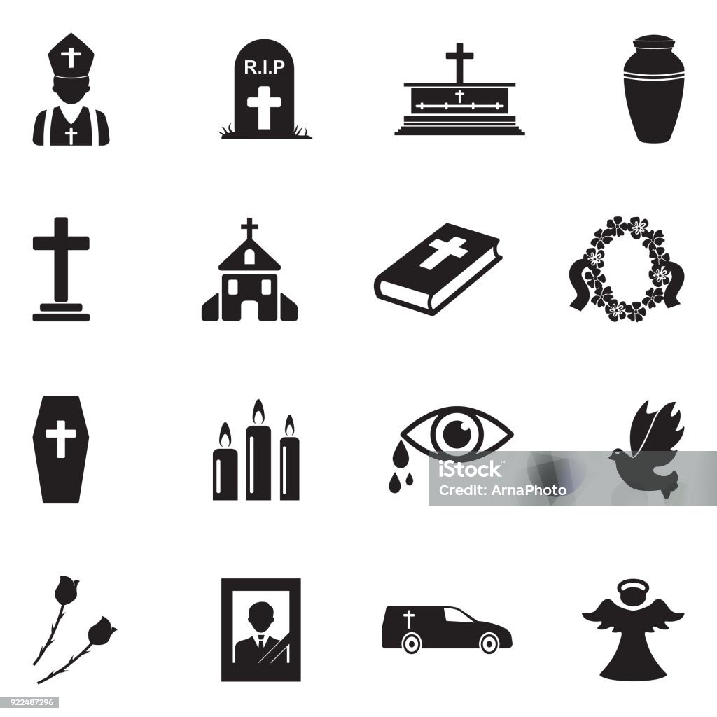 Funeral Icons. Black Flat Design. Vector Illustration. Funeral Service, Funeral Parlor, Candle, Church Icon Symbol stock vector