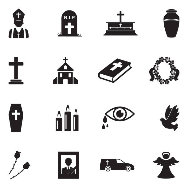 Funeral Icons. Black Flat Design. Vector Illustration. Funeral Service, Funeral Parlor, Candle, Church religious cross symbols stock illustrations