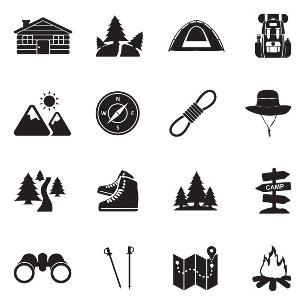 ilustraciones, imágenes clip art, dibujos animados e iconos de stock de senderismo los iconos. diseño plano negro. ilustración de vector. - computer icon flame symbol black and white