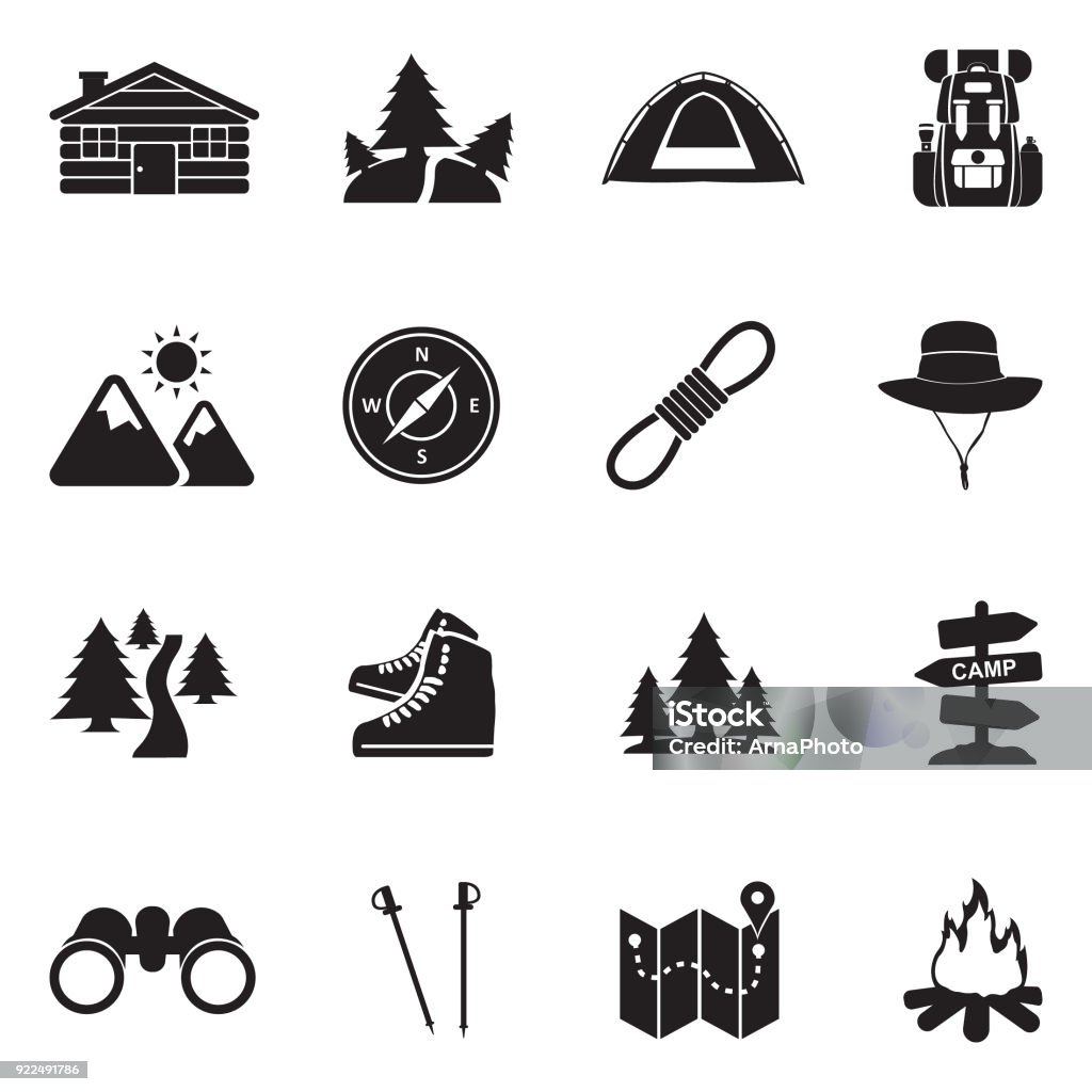 Hiking Icons. Black Flat Design. Vector Illustration. Camping, Hiker, Activity, Family, Outdoors Icon Symbol stock vector