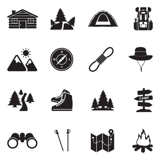 Hiking Icons. Black Flat Design. Vector Illustration. Camping, Hiker, Activity, Family, Outdoors forest symbols stock illustrations
