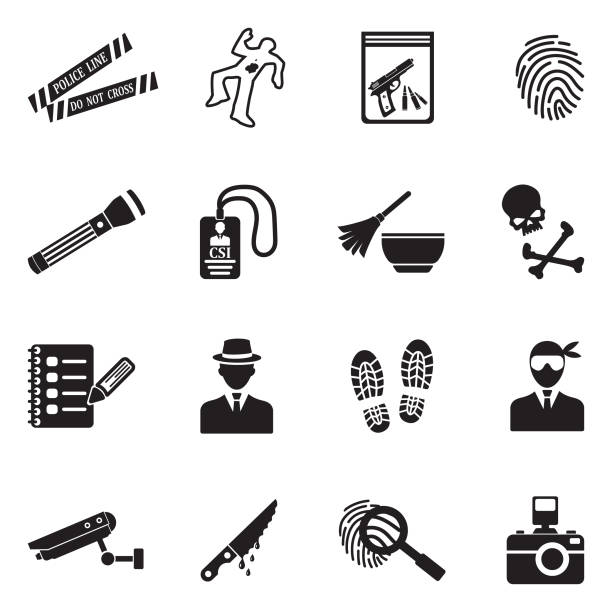 ilustrações, clipart, desenhos animados e ícones de ícones de cena de crime. projeto liso preto. ilustração em vetor. - crime flashlight detective symbol