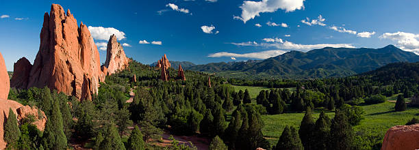 jardim dos deuses panorama, é melhor! - rocky mountains panoramic colorado mountain imagens e fotografias de stock