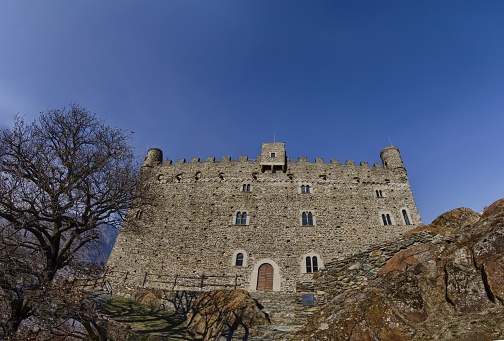 Terrassa, Spain - May 11, 2013: Castle Cartoixa de Vallparadis, a fortress built during the 12th century in Terrassa, Spain.