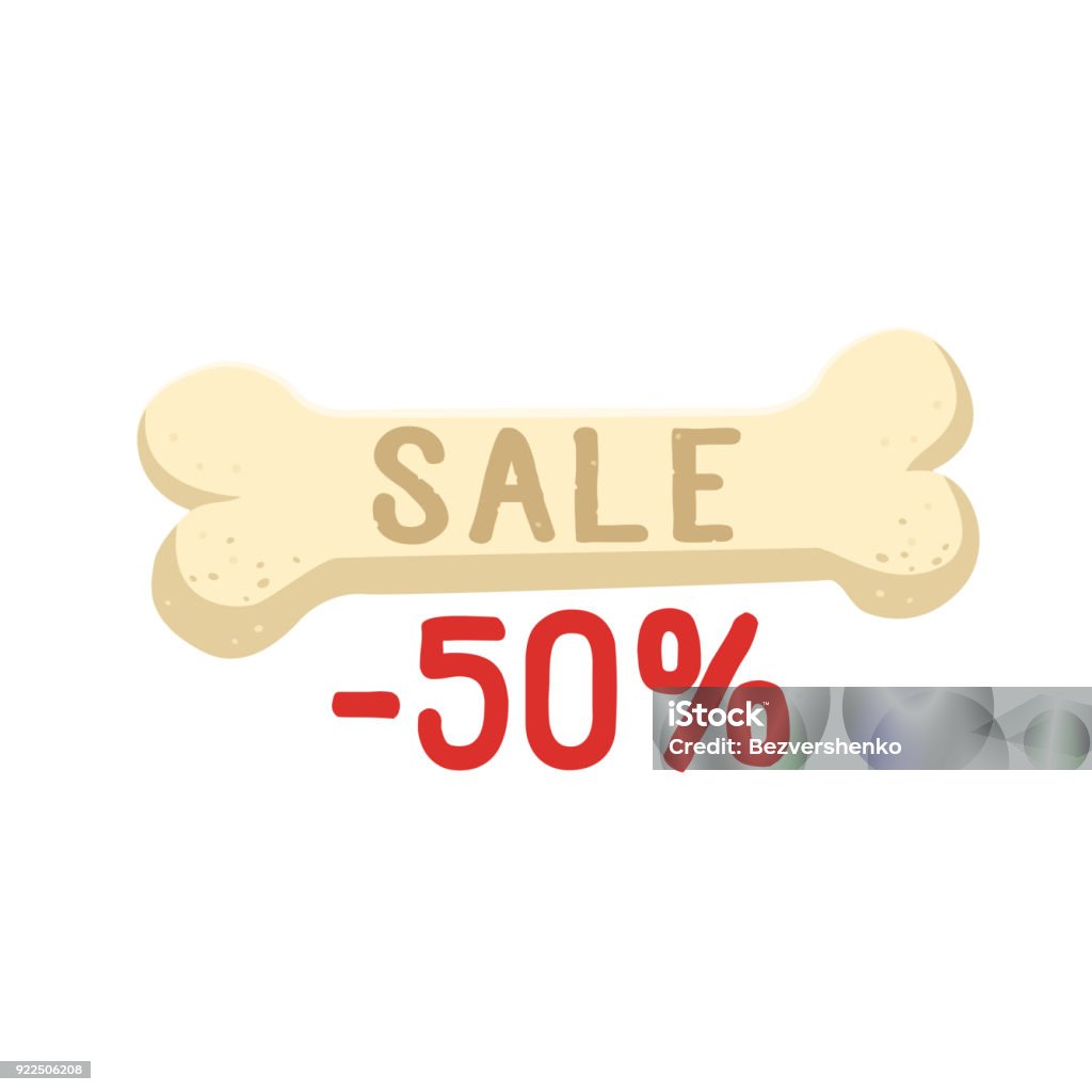Bone with sale text -50 percent vector flat illustration. Bone isolated on white background vector icon. Bone with sale text -50 percent vector flat illustration. Bone isolated on white background vector icon Dog Bone stock vector