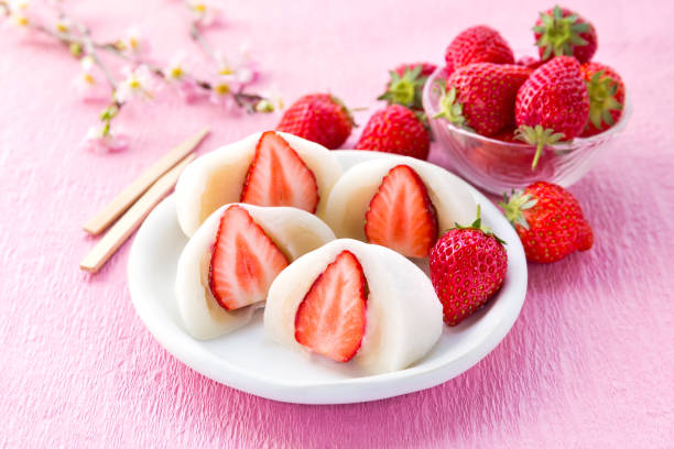 Strawberry Daifuku, Strawberry Wrapped in Mochi stock photo