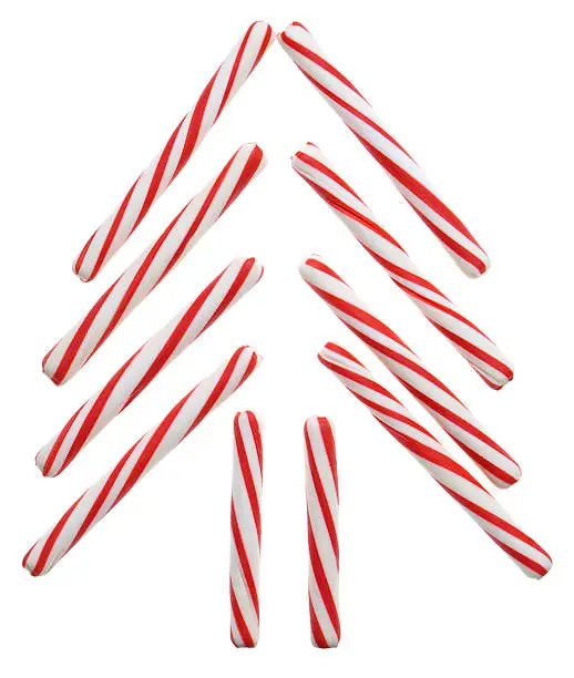 A picture of a Christmas tree shape made out of candy canes.