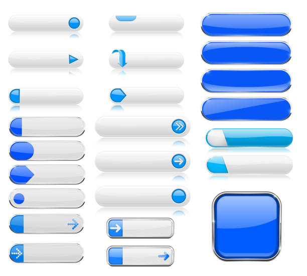 синие и белые кнопки меню. элементы интерфейса с металлической рамой - ellipse chrome banner sign stock illustrations