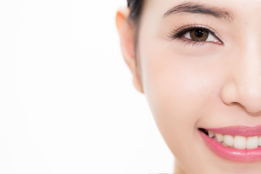 Close-up of Young beauty Asian face focused on eyes, beautiful woman isolated over white background. Healthcare and Eye care concept