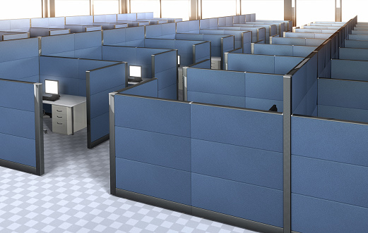 3D rendering of the interior of an empty office with cubicles.