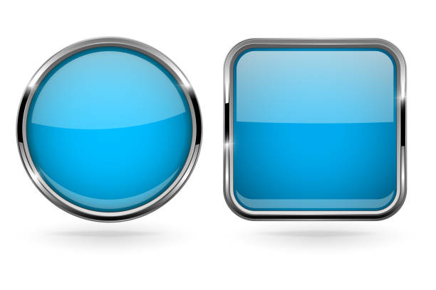 istock Blue buttons. Set of round and square shiny 3d icons with chrome frame 922518470