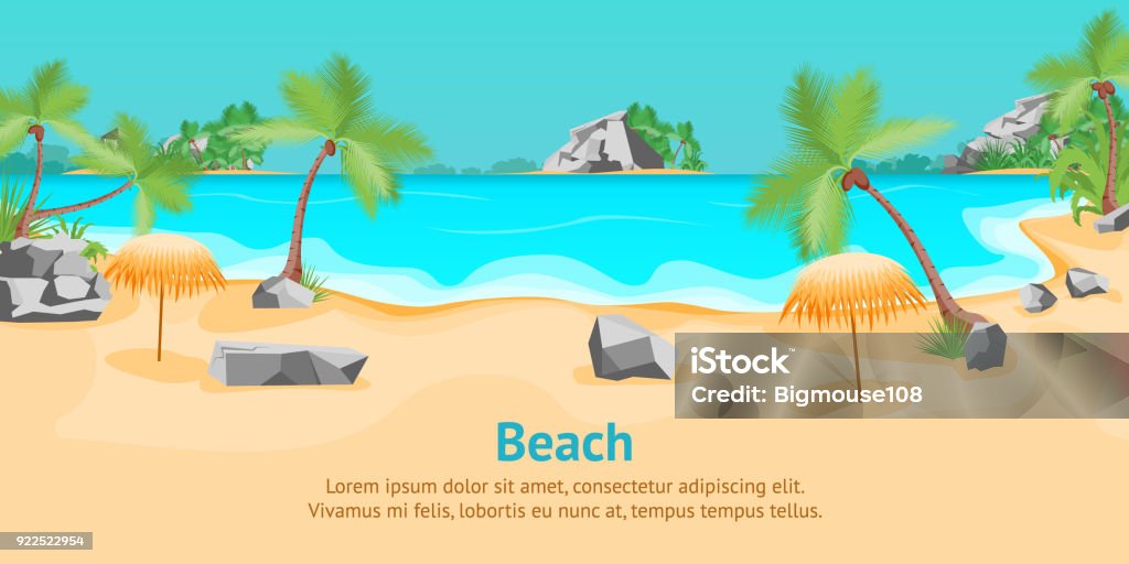 Cartoon Tropical Beach Summer Landscape Card Poster. Vector Cartoon Tropical Beach Summer Landscape Card Poster with Coast and Palms Flat Design Nature Scene for Travel. Vector illustration of Seaside View Adventure stock vector