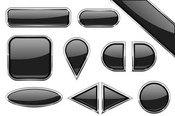 ilustrações de stock, clip art, desenhos animados e ícones de set of black glass buttons with metal frame - ellipse interface icons shiny glass