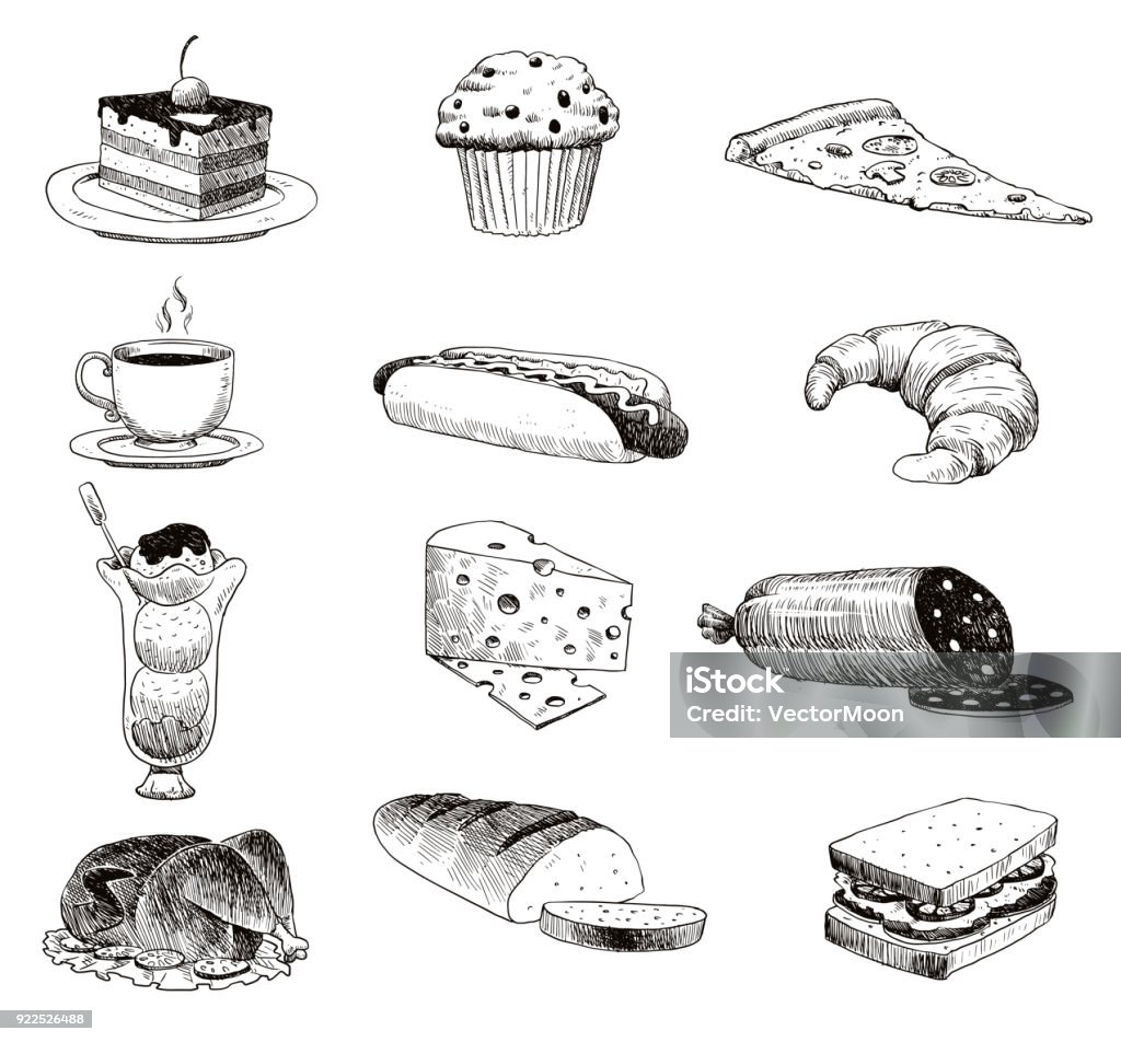 Vector hand drawn food sketch and kitchen doodle. Handdrawn food sketch and kitchen doodle graphic retro cook restaurant meal menu symbols. Dinner design product ingredient illustration Vector hand drawn food sketch and kitchen doodle. Graphic retro cook restaurant meal menu symbols. Dinner design product ingredient illustration. Cake stock vector