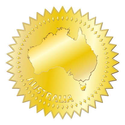 A textured Australia gold seal of approval badge isolated on a white background